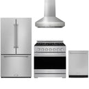 Stainless steel Thor Kitchen appliance package with 36-inch range, range hood, counter-depth refrigerator, dishwasher