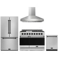 Gordon Ramsay by Thor Kitchen 4-Piece Appliance Package -  48-Inch Natural Gas Range, Wall Mount Range Hood, 36-Inch French Door Refrigerator, and Dishwasher in Stainless Steel with Black Trim