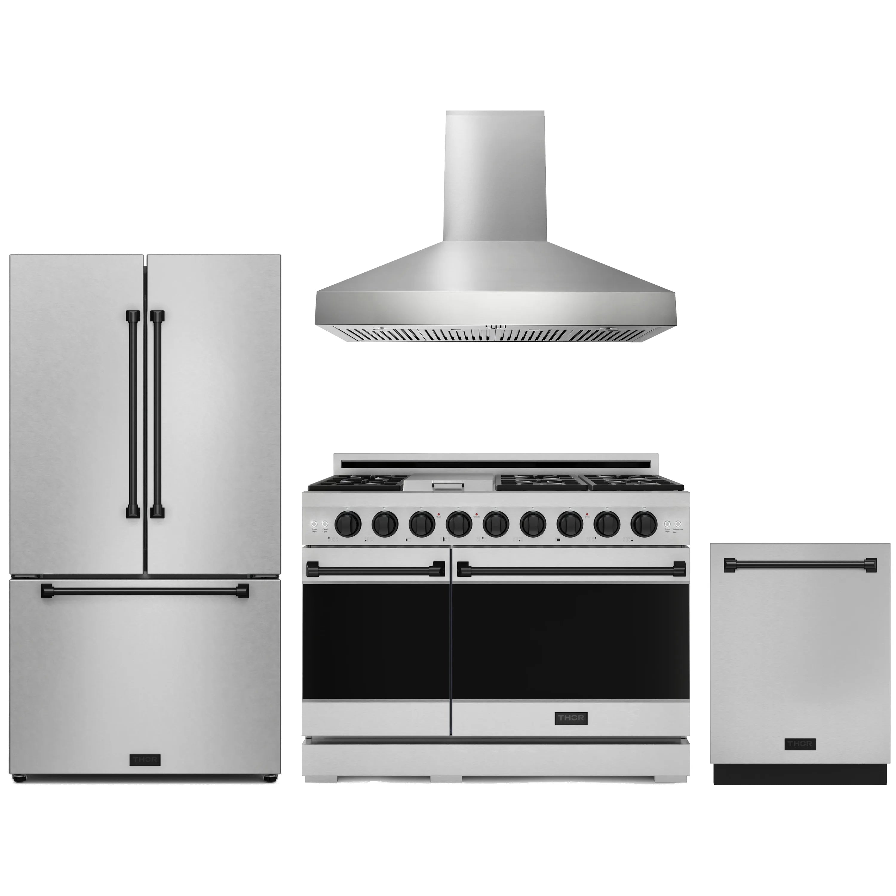 Stainless steel appliance package with black-trim gas range, hood, refrigerator, dishwasher