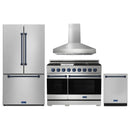 Gordon Ramsay by Thor Kitchen 4-Piece Appliance Package -  48-Inch Natural Gas Range, Wall Mount Range Hood, 36-Inch French Door Refrigerator, and Dishwasher in Stainless Steel with Blue Trim