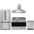 Gordon Ramsay by Thor Kitchen 4-Piece Appliance Package -  48-Inch Propane Gas Range, Wall Mount Range Hood, 36-Inch French Door Refrigerator, and Dishwasher in Stainless Steel with Blue Trim