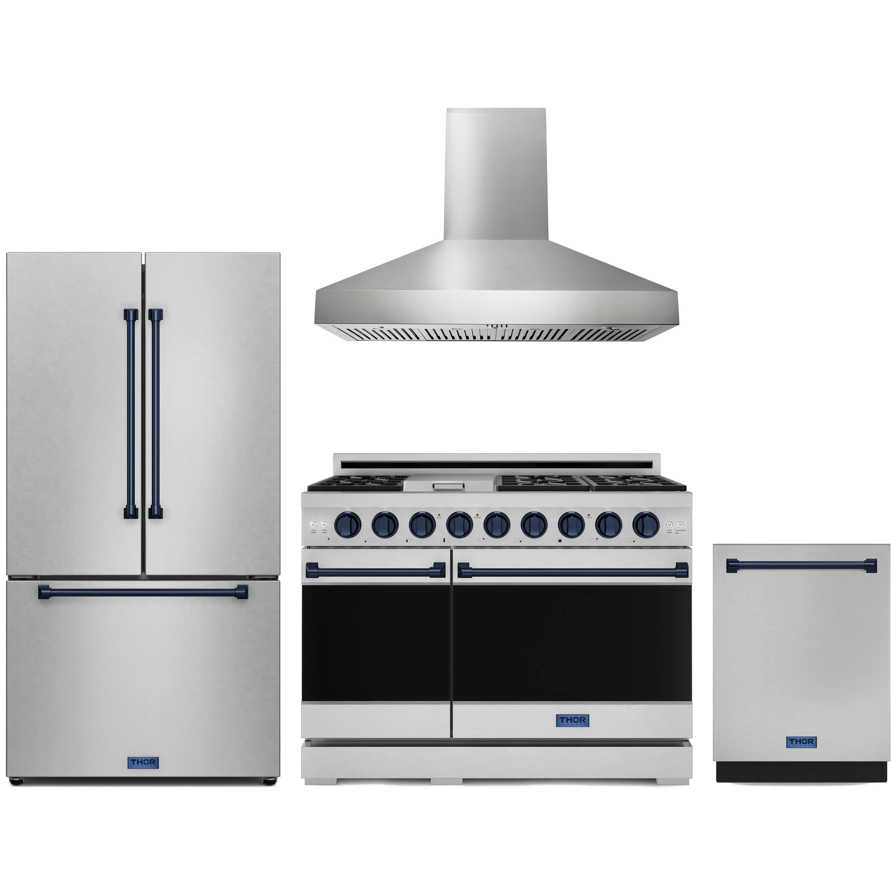 Stainless steel 4-piece appliance package with blue accents: range, hood, fridge, dishwasher