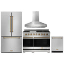 Gordon Ramsay by Thor Kitchen 4-Piece Appliance Package -  48-Inch Propane Gas Range, Wall Mount Range Hood, 36-Inch French Door Refrigerator, and Dishwasher in Stainless Steel with Bronze Trim