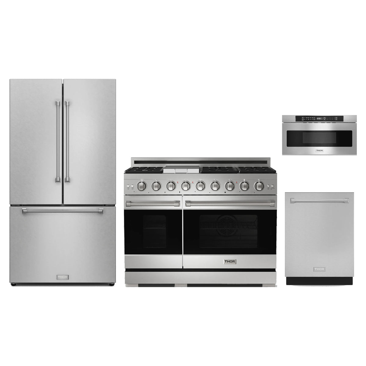 Gordon Ramsay by Thor Kitchen 4-Piece Appliance Package - 48-Inch Natural Gas Range, Counter-Depth Refrigerator, Dishwasher, & Microwave Drawer in Stainless Steel