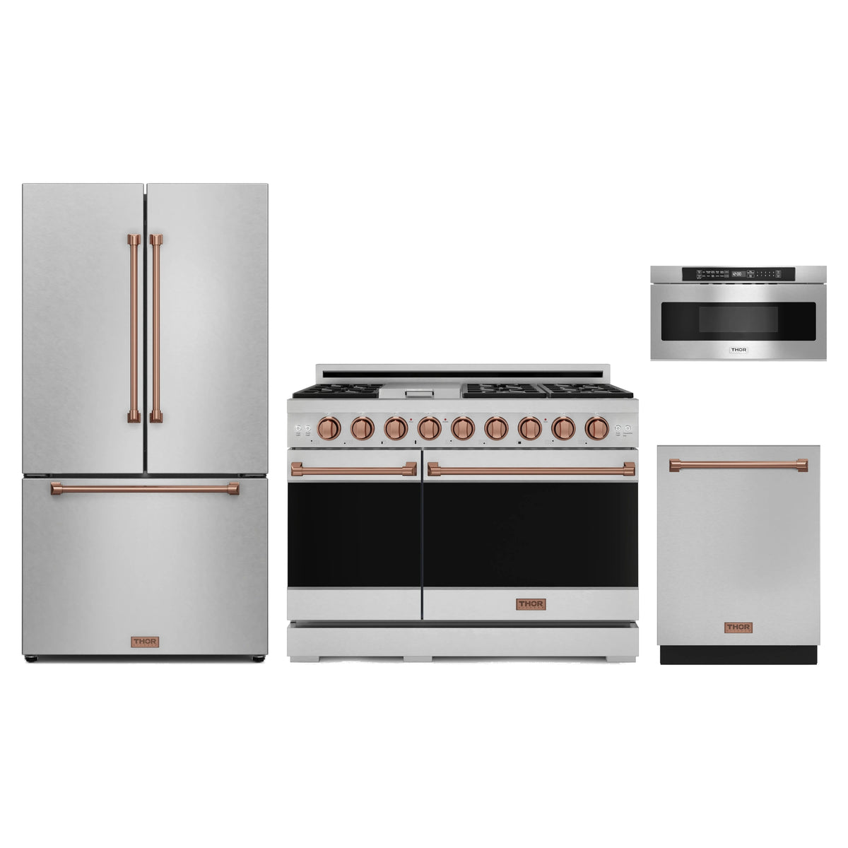 Gordon Ramsay by Thor Kitchen 4-Piece Appliance Package - 48-Inch Natural Gas Range, Counter-Depth Refrigerator, Dishwasher, & Microwave Drawer in Stainless Steel with Rose Gold Trim