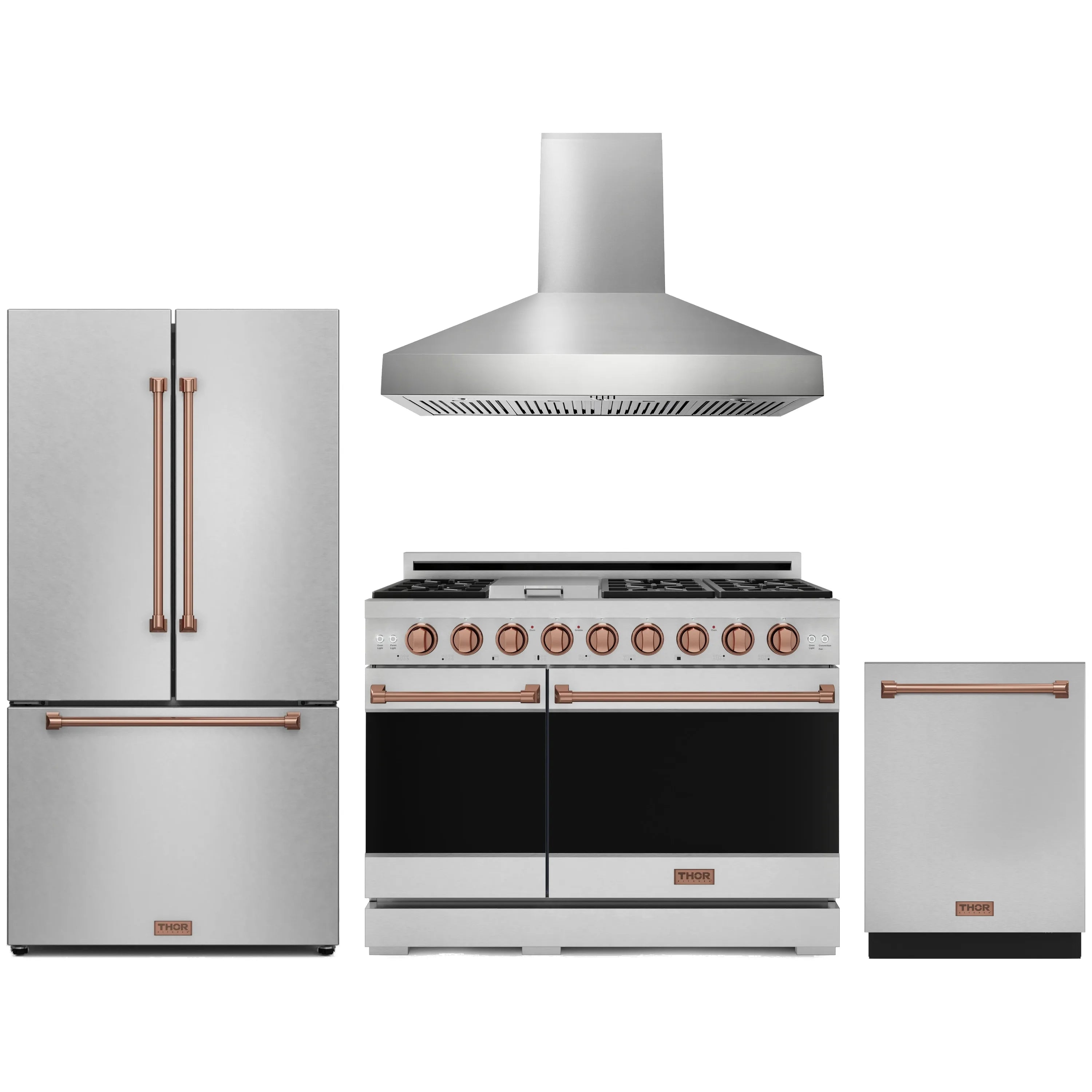 Stainless steel appliance package with rose gold trim: range, hood, fridge, dishwasher