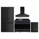 Gordon Ramsay by Thor Kitchen 4-Piece Appliance Package -  48-Inch Natural Gas Range, Wall Mount Range Hood, 36-Inch French Door Refrigerator, and Dishwasher in Black with Blue Trim