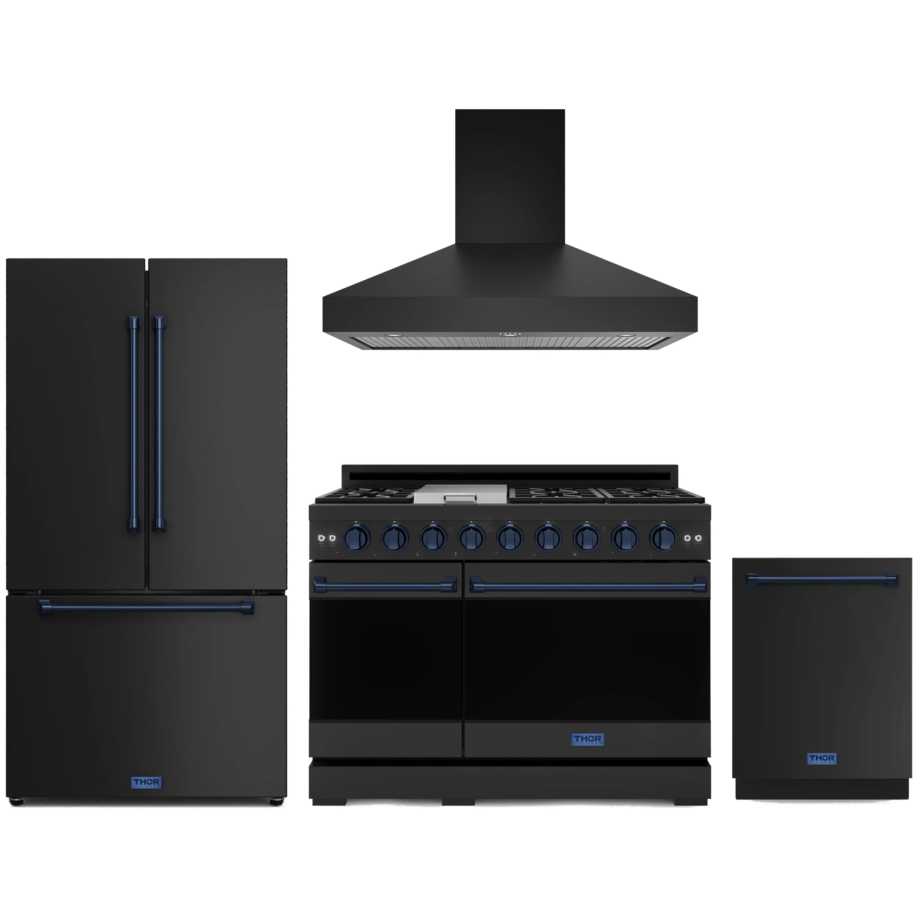 Black appliance package with blue trim: wall hood, propane range, fridge and dishwasher