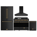 Gordon Ramsay by Thor Kitchen 4-Piece Appliance Package -  48-Inch Natural Gas Range, Wall Mount Range Hood, 36-Inch French Door Refrigerator, and Dishwasher in Black with Bronze Trim