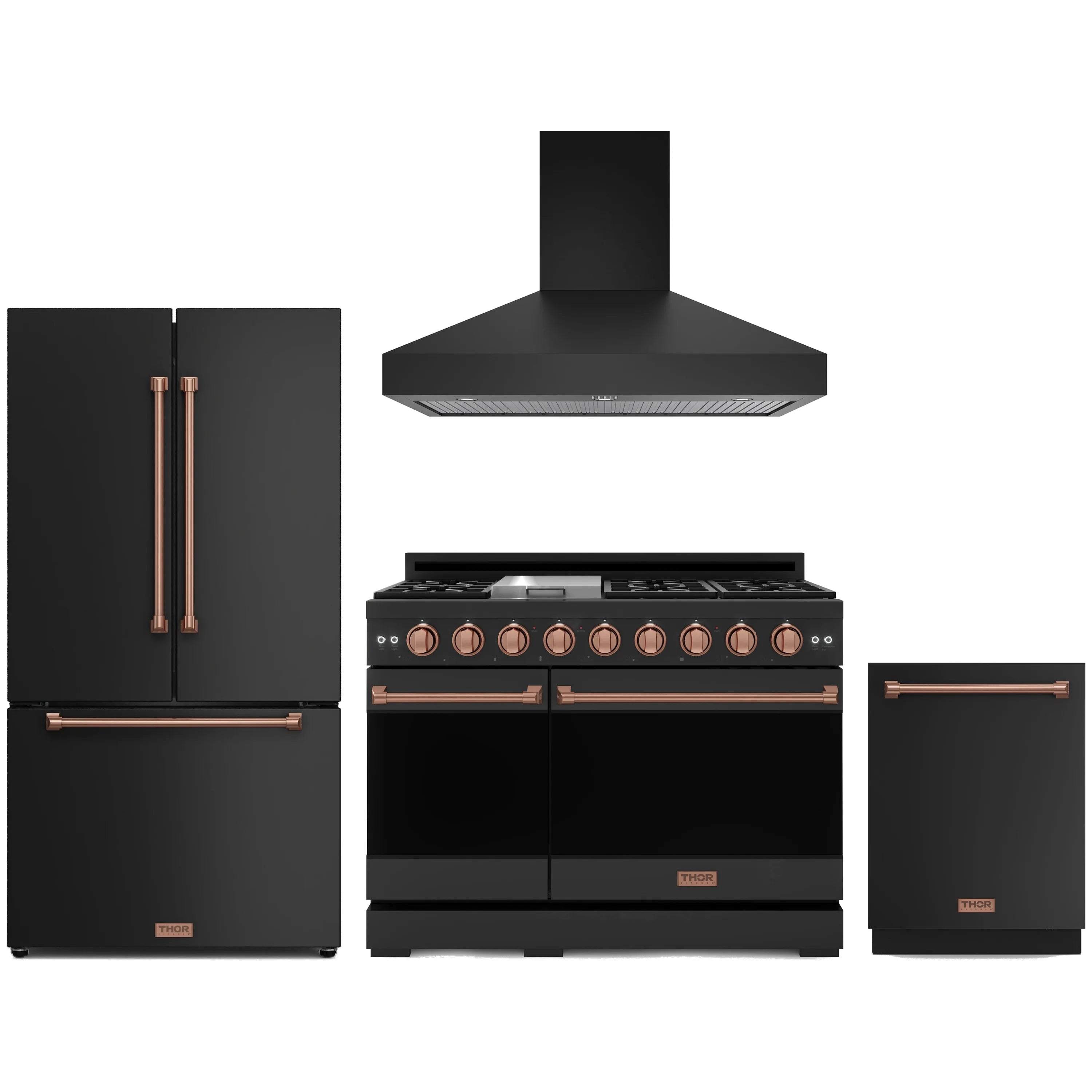 Black 4-piece appliance set with rose gold trim: range, hood, French fridge, dishwasher