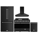 Gordon Ramsay by Thor Kitchen 4-Piece Appliance Package -  48-Inch Natural Gas Range, Wall Mount Range Hood, 36-Inch French Door Refrigerator, and Dishwasher in Black with Stainless Steel Trim