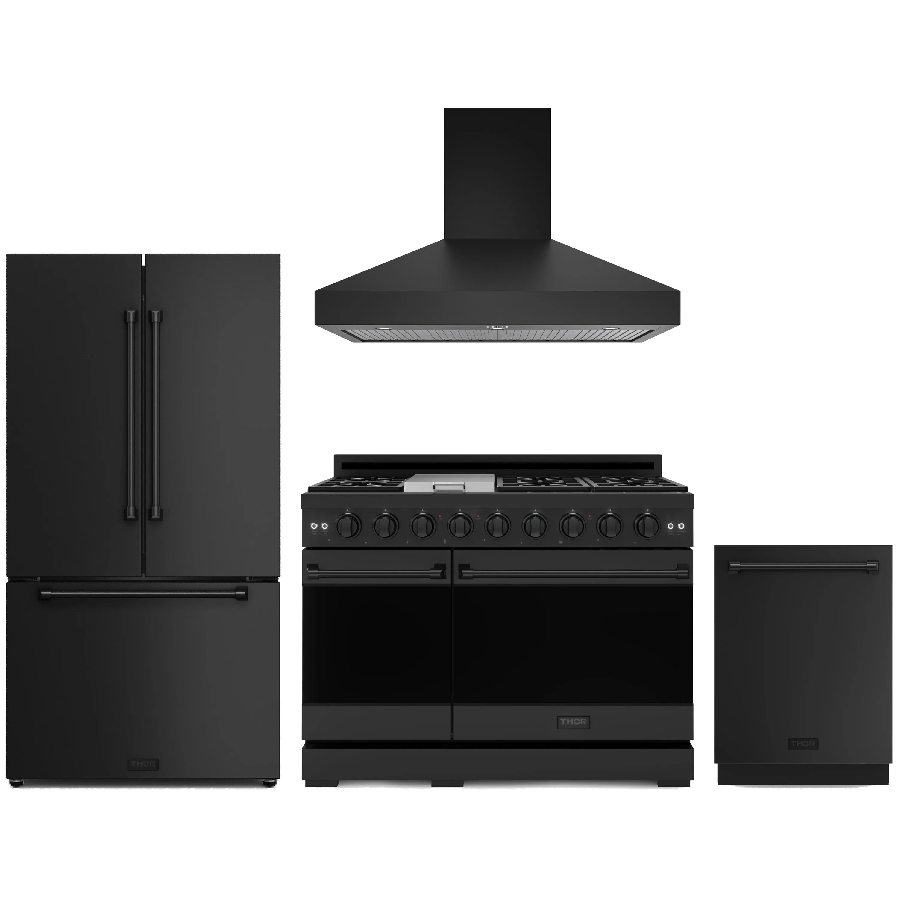 Black kitchen appliance package with gas range, wall hood, refrigerator, and dishwasher set
