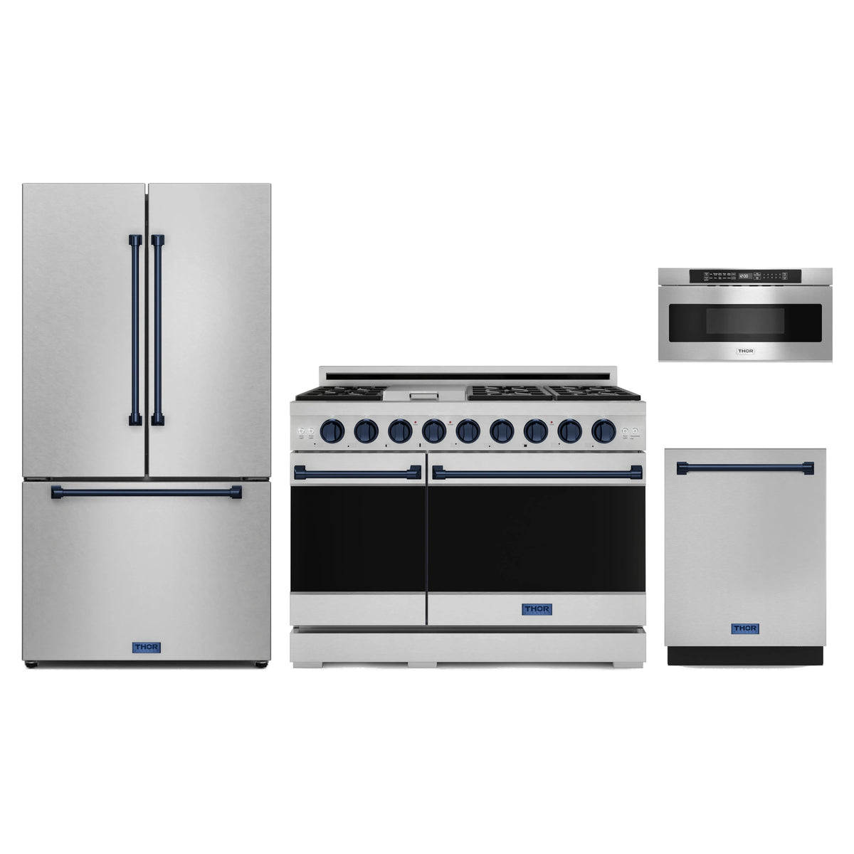 Gordon Ramsay by Thor Kitchen 4-Piece Appliance Package - 48-Inch Propane Gas Range, Counter-Depth Refrigerator, Dishwasher, & Microwave Drawer in Stainless Steel with Blue Trim