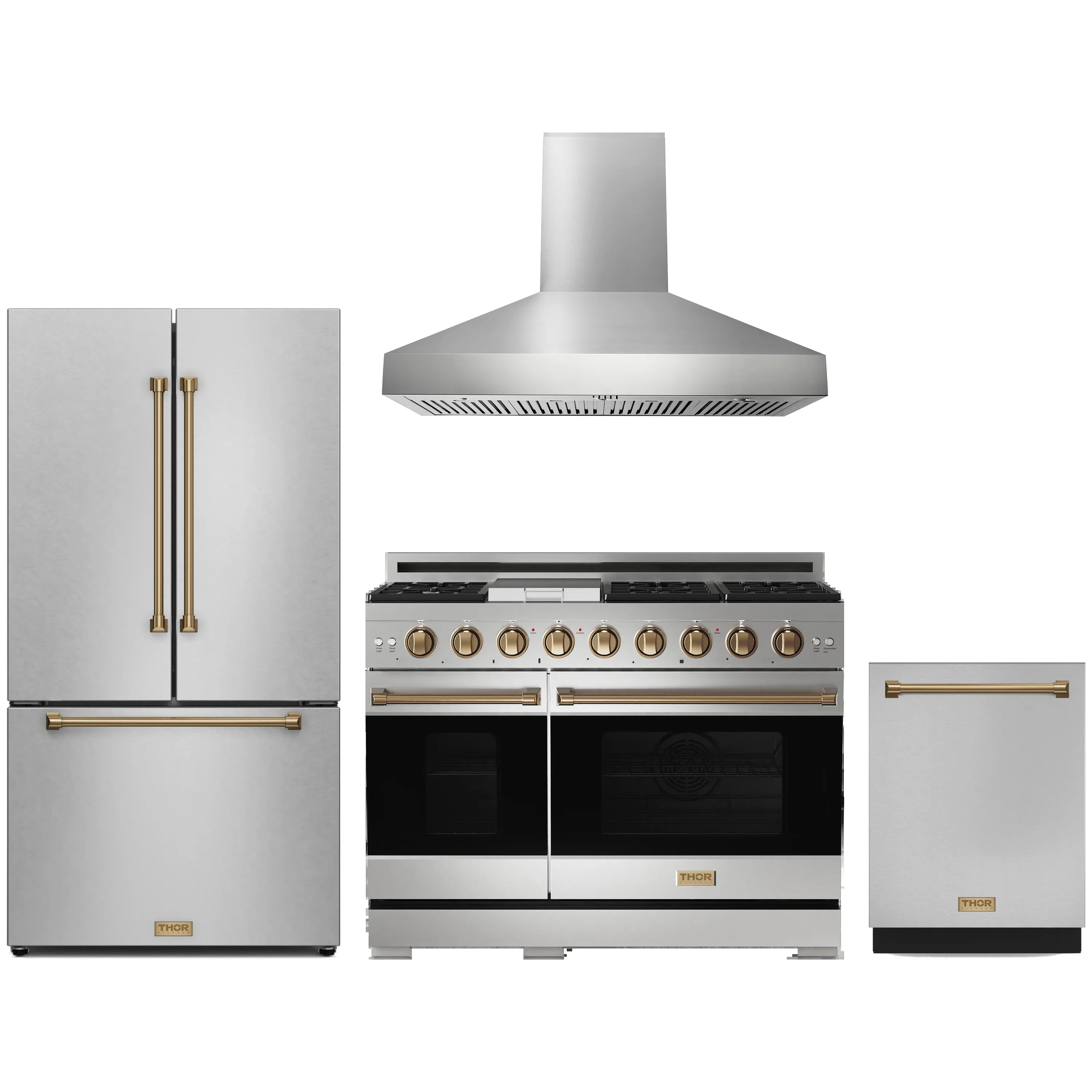 Stainless steel appliance package with bronze-trim range, hood, refrigerator, and dishwasher