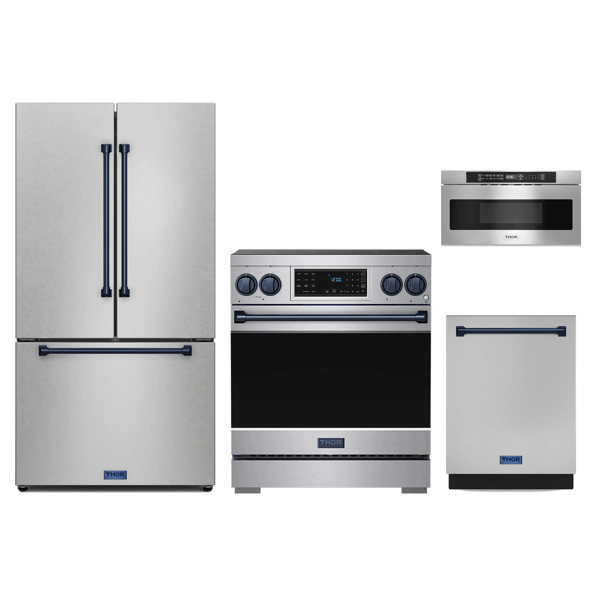 Gordon Ramsay by Thor Kitchen 4-Piece Appliance Package - 30-Inch Induction Range, Counter-Depth Refrigerator, Dishwasher, & Microwave Drawer in Stainless Steel with Blue Trim