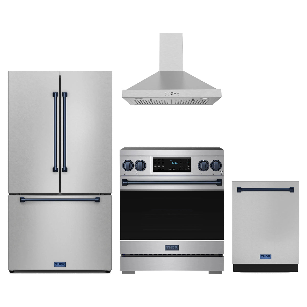 Gordon Ramsay by Thor Kitchen 4-Piece Appliance Package - 30-Inch Induction Range, Counter-Depth Refrigerator, Wall Mount Hood, & Dishwasher in Stainless Steel with Blue Trim