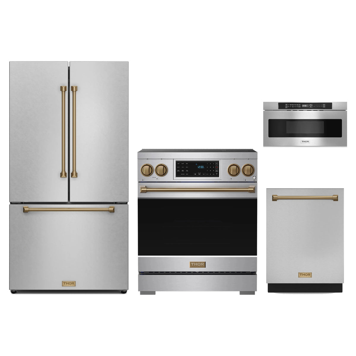 Gordon Ramsay by Thor Kitchen 4-Piece Appliance Package - 30-Inch Induction Range, Counter-Depth Refrigerator, Dishwasher, & Microwave Drawer in Stainless Steel with Bronze Trim