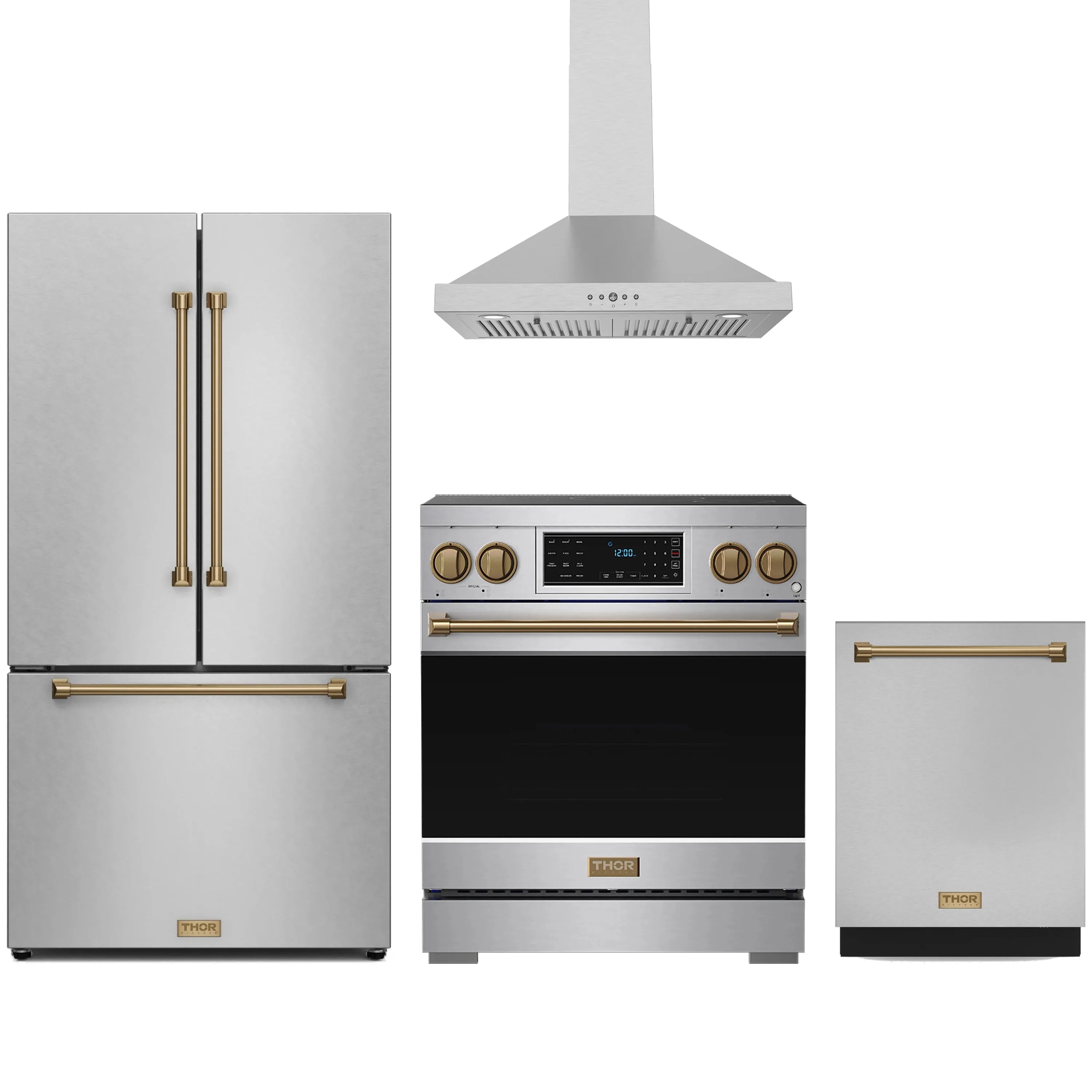 4-piece kitchen appliance package in stainless steel with bronze-trim accents