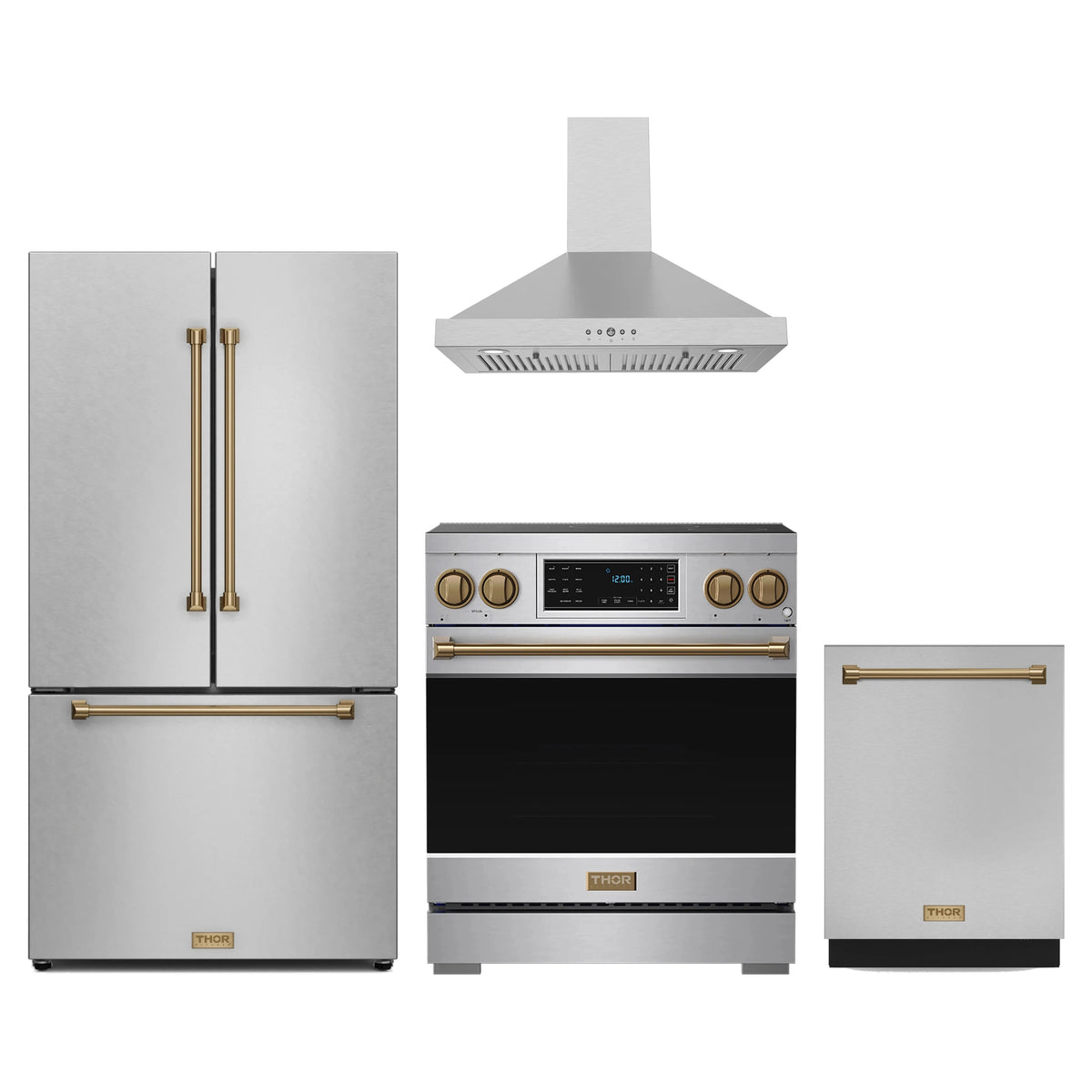 Gordon Ramsay by Thor Kitchen 4-Piece Appliance Package - 30-Inch Induction Range, Counter-Depth Refrigerator, Wall Mount Hood, & Dishwasher in Stainless Steel with Bronze Trim