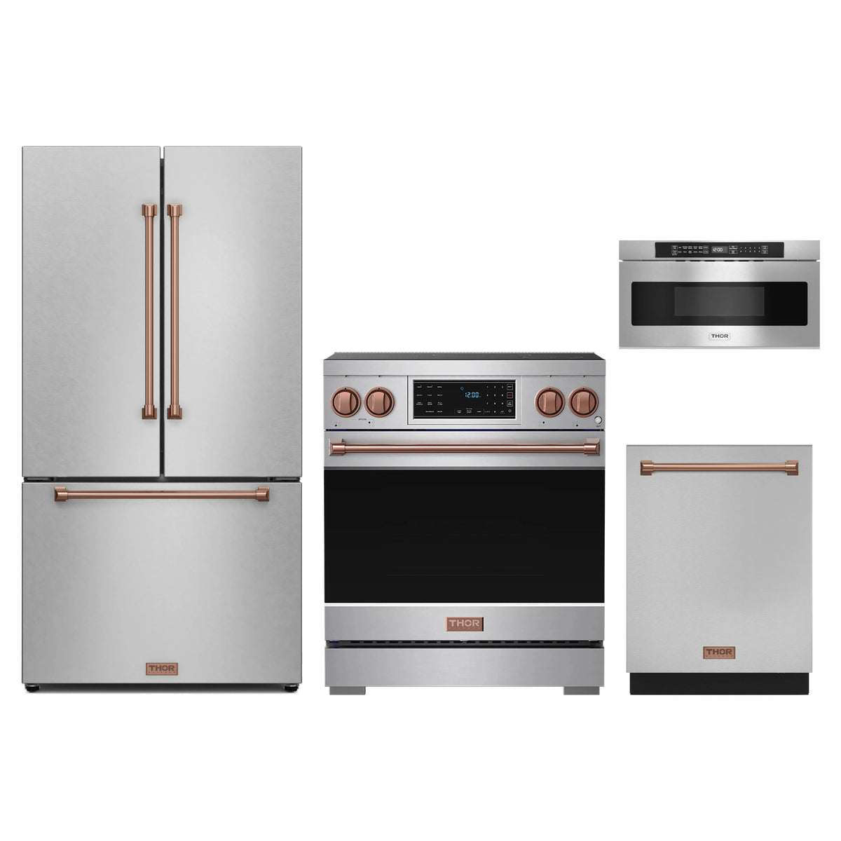 Gordon Ramsay by Thor Kitchen 4-Piece Appliance Package - 30-Inch Induction Range, Counter-Depth Refrigerator, Dishwasher, & Microwave Drawer in Stainless Steel with Rose Gold Trim