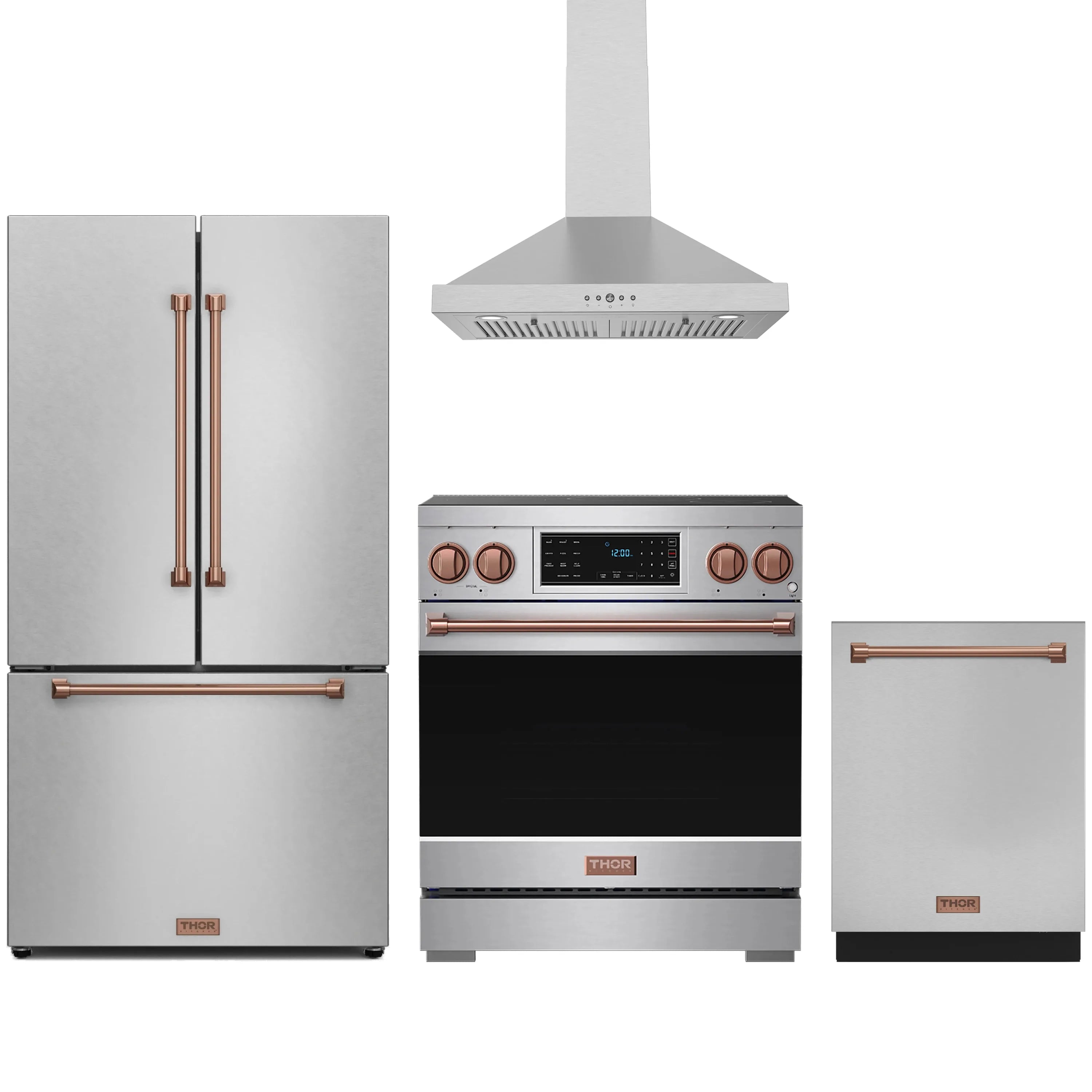 Stainless steel induction range with copper accents, wall hood, and matching cabinet-door units