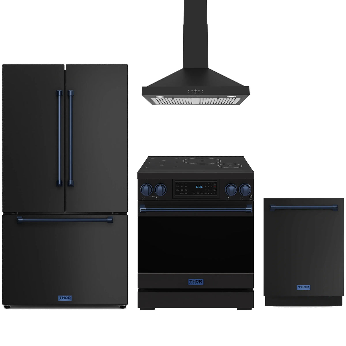 Black 4-piece appliance package: induction range, counter-depth fridge, wall hood, dishwasher