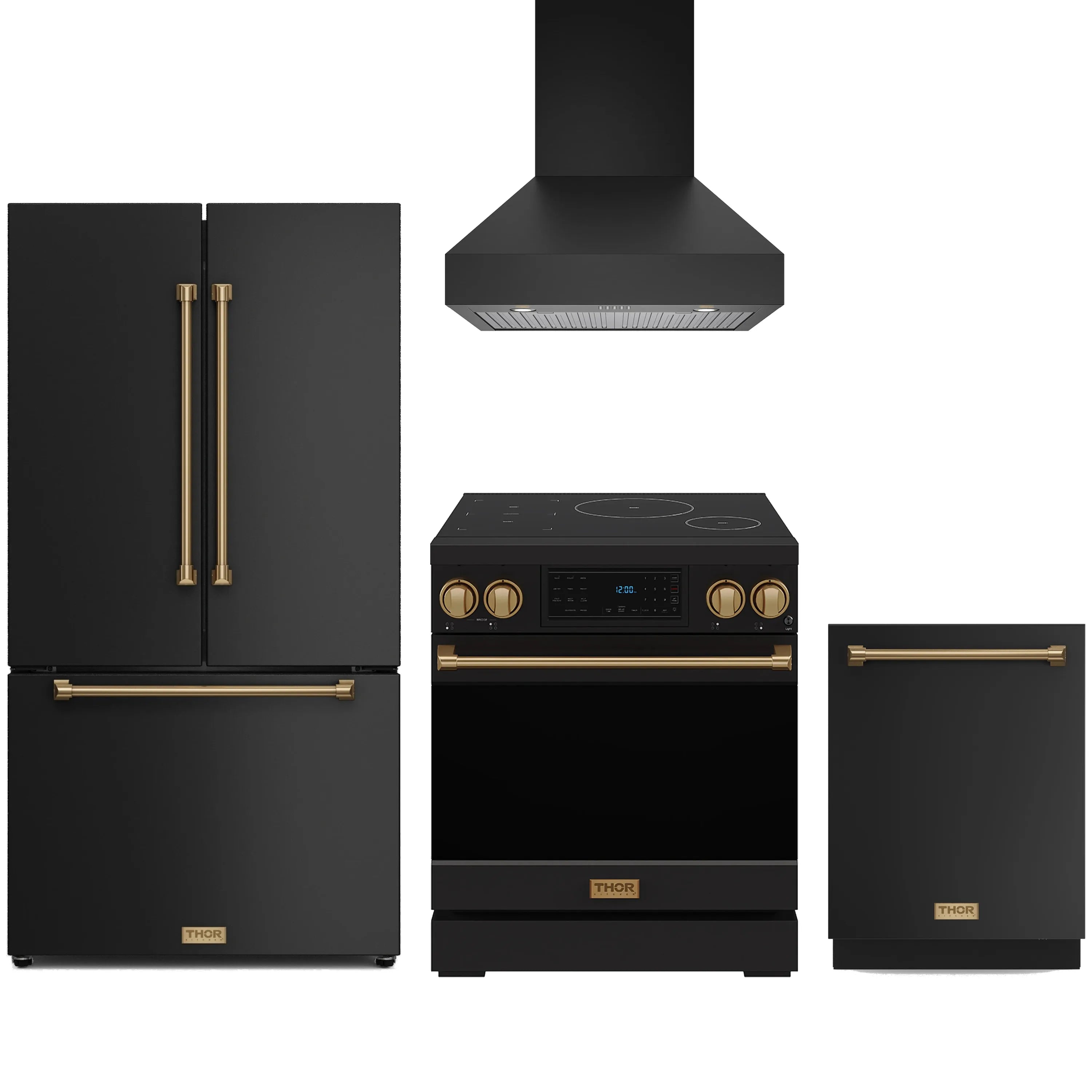 Black Thor induction range with bronze knobs, glass cooktop and stainless handle
