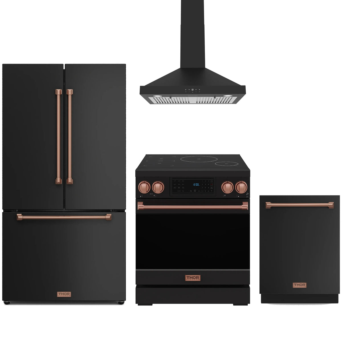 Black kitchen appliance package with rose gold trim: refrigerator, induction range, and dishwasher
