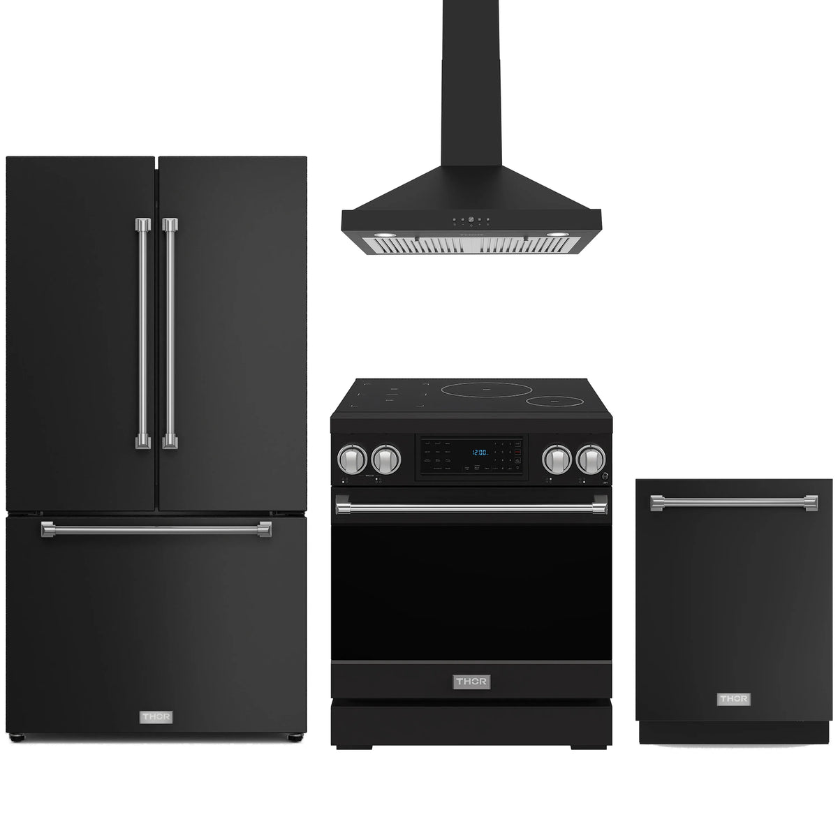 Black appliance package with stainless trim: range, fridge, hood, dishwasher