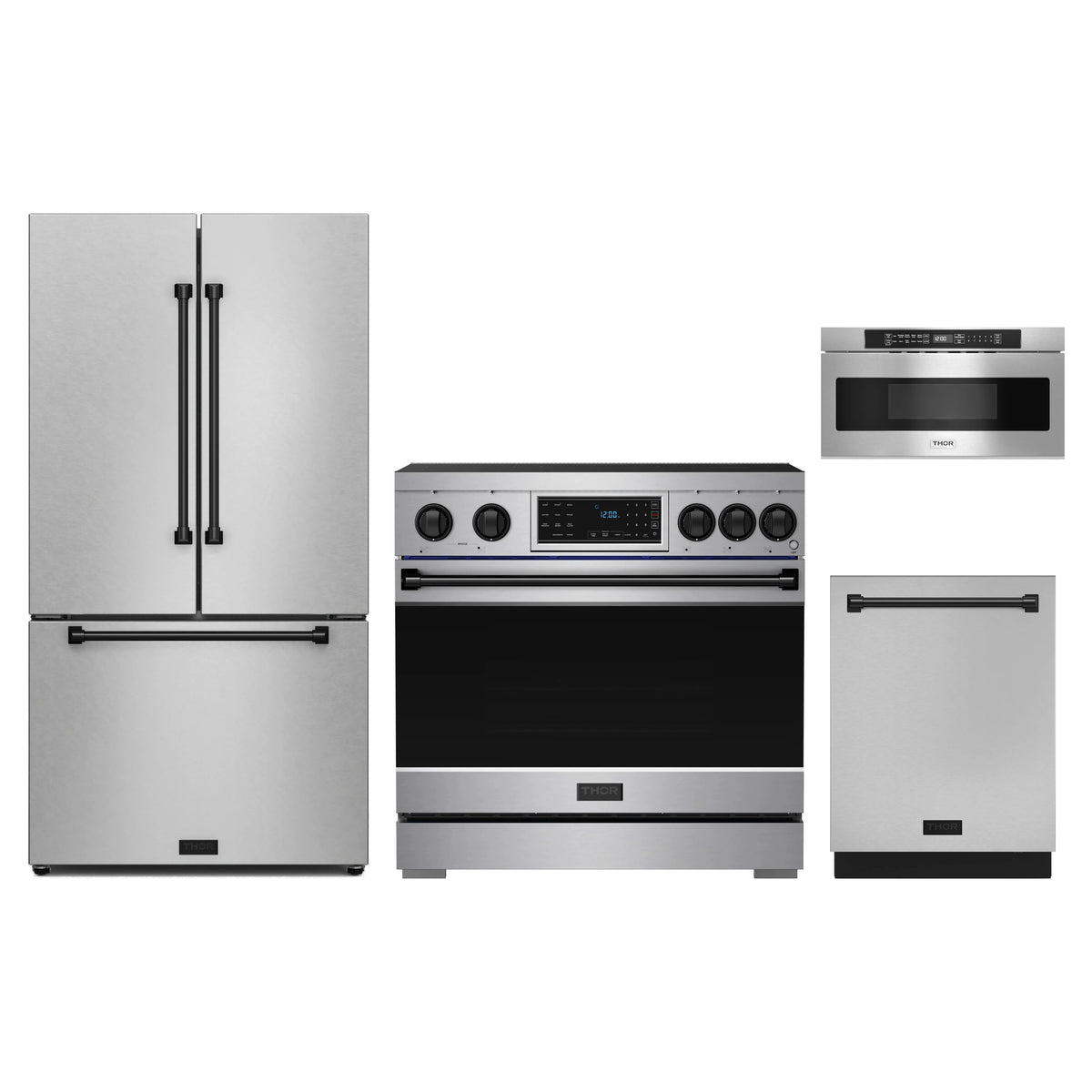 Gordon Ramsay by Thor Kitchen 4-Piece Appliance Package - 36-Inch Induction Range, Counter-Depth Refrigerator, Dishwasher, & Microwave Drawer in Stainless Steel with Black Trim