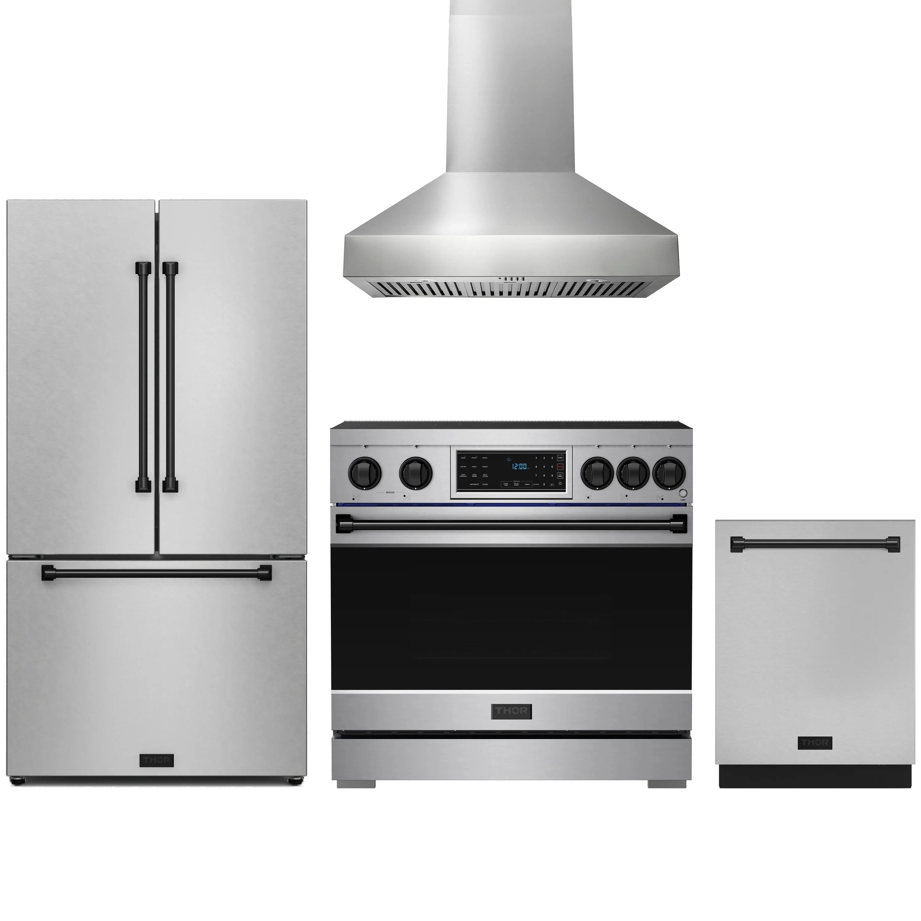 Stainless steel 4-piece appliance package with induction range, hood, refrigerator, and dishwasher