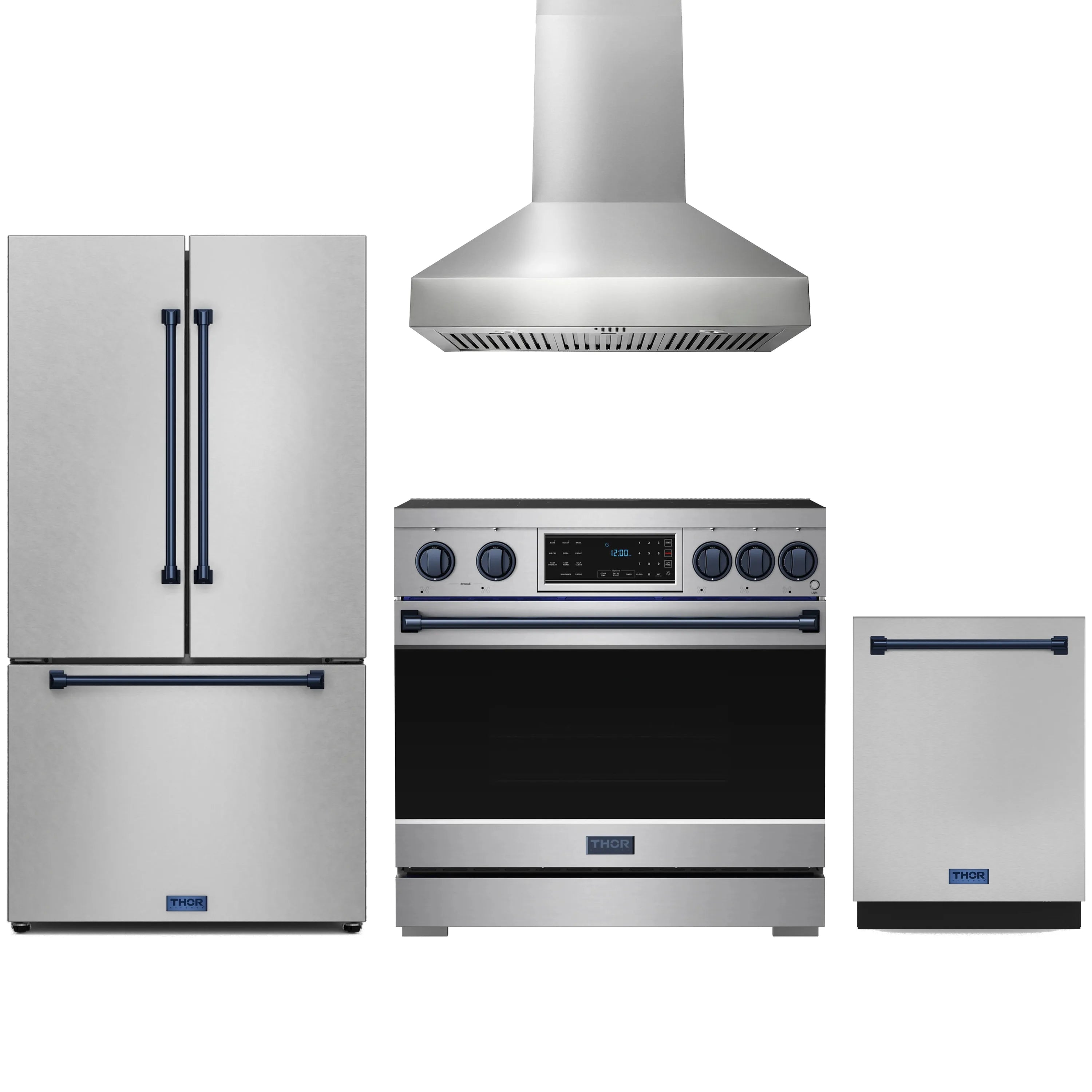 Stainless appliance package with blue trim: refrigerator, induction range, wall hood, dishwasher.