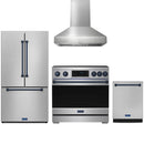 Stainless steel Thor Kitchen appliance package with 36-inch range, range hood, counter-depth refrigerator, dishwasher