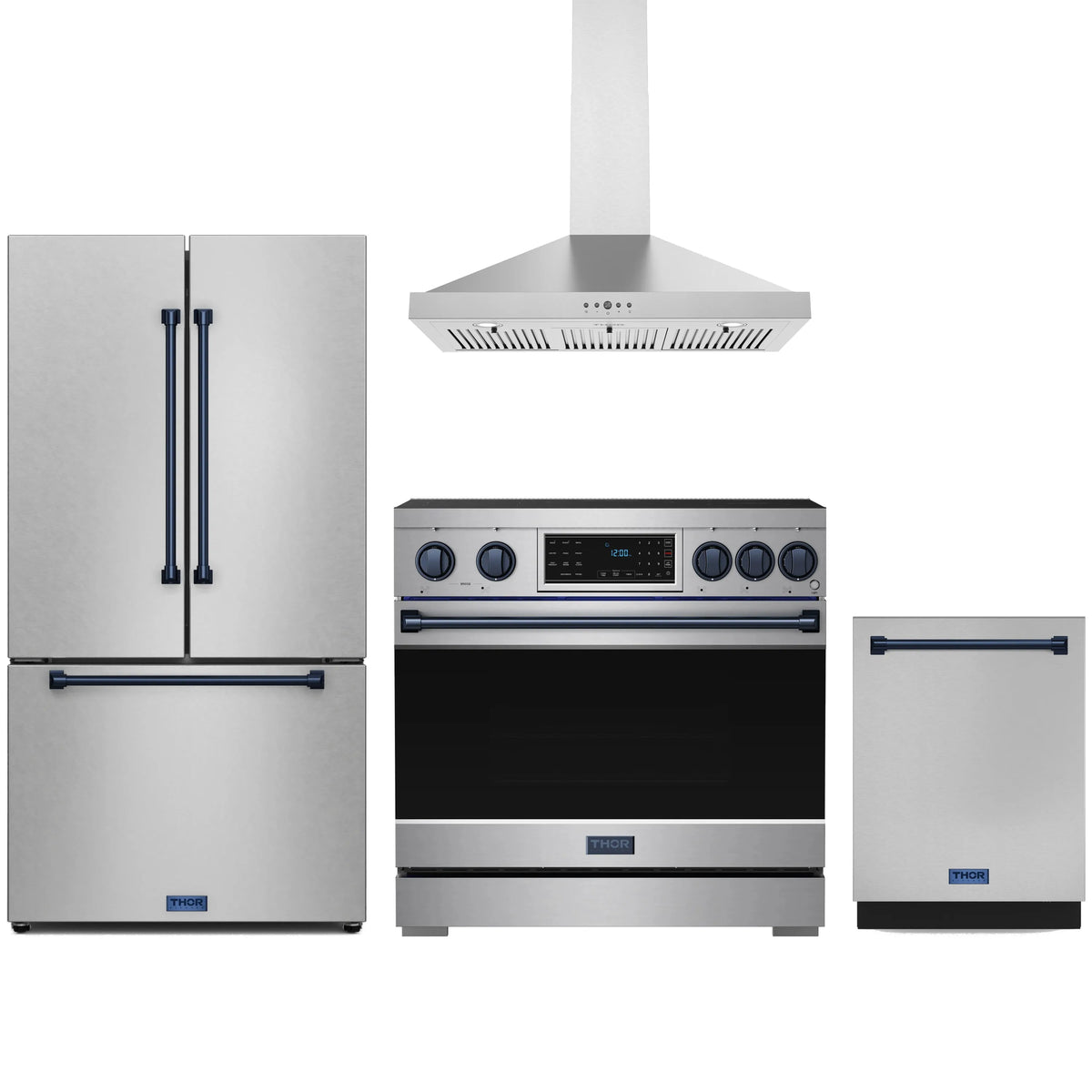 Stainless appliance package with blue trim: refrigerator, induction range, wall hood, dishwasher.