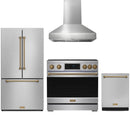 Stainless steel Thor Kitchen appliance package with 36-inch range, range hood, counter-depth refrigerator, dishwasher