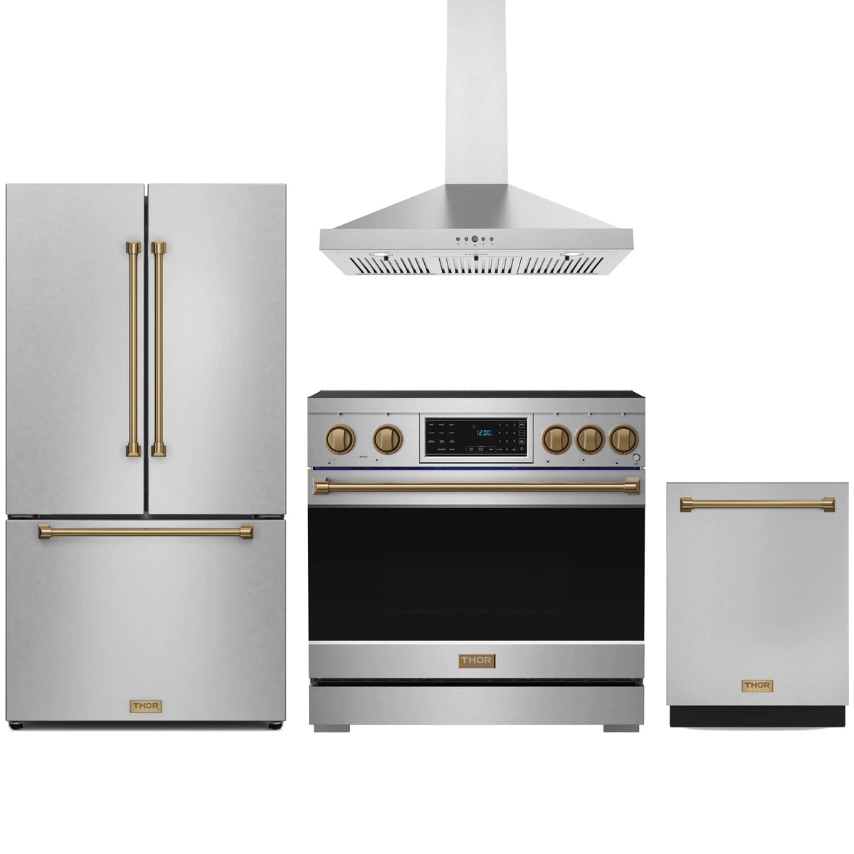 Stainless appliance package with bronze-trim fridge, induction range, hood, and dishwasher