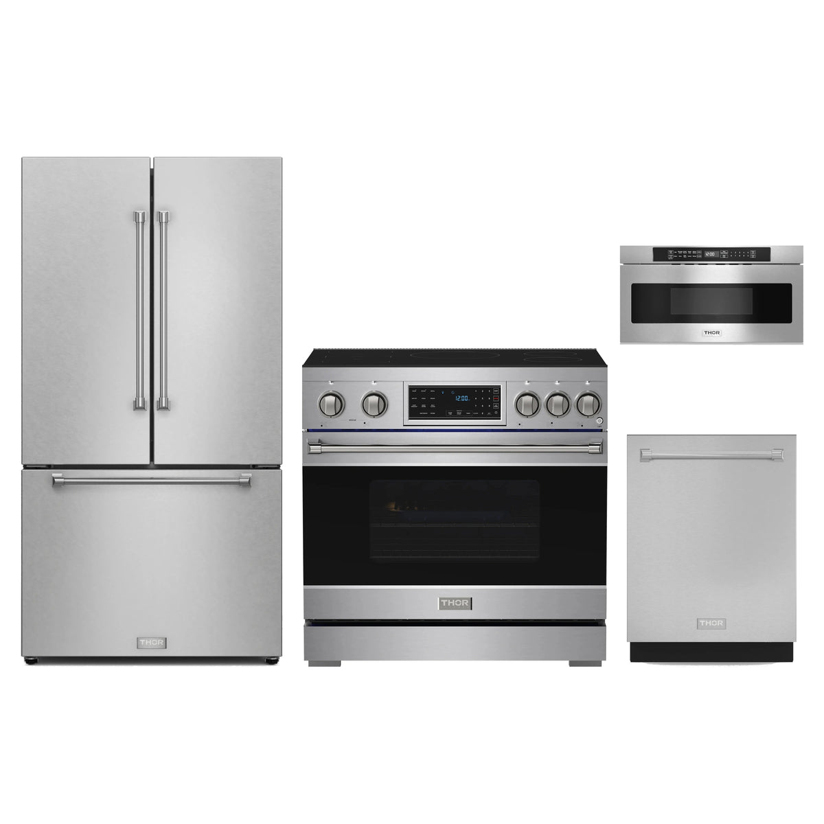 Gordon Ramsay by Thor Kitchen 4-Piece Appliance Package - 36-Inch Induction Range, Counter-Depth Refrigerator, Dishwasher, & Microwave Drawer in Stainless Steel