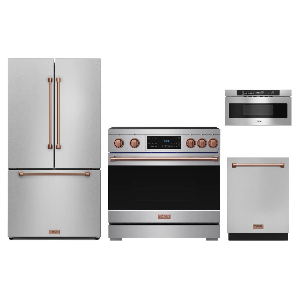 Gordon Ramsay by Thor Kitchen 4-Piece Appliance Package - 36-Inch Induction Range, Counter-Depth Refrigerator, Dishwasher, & Microwave Drawer in Stainless Steel with Rose Gold Trim