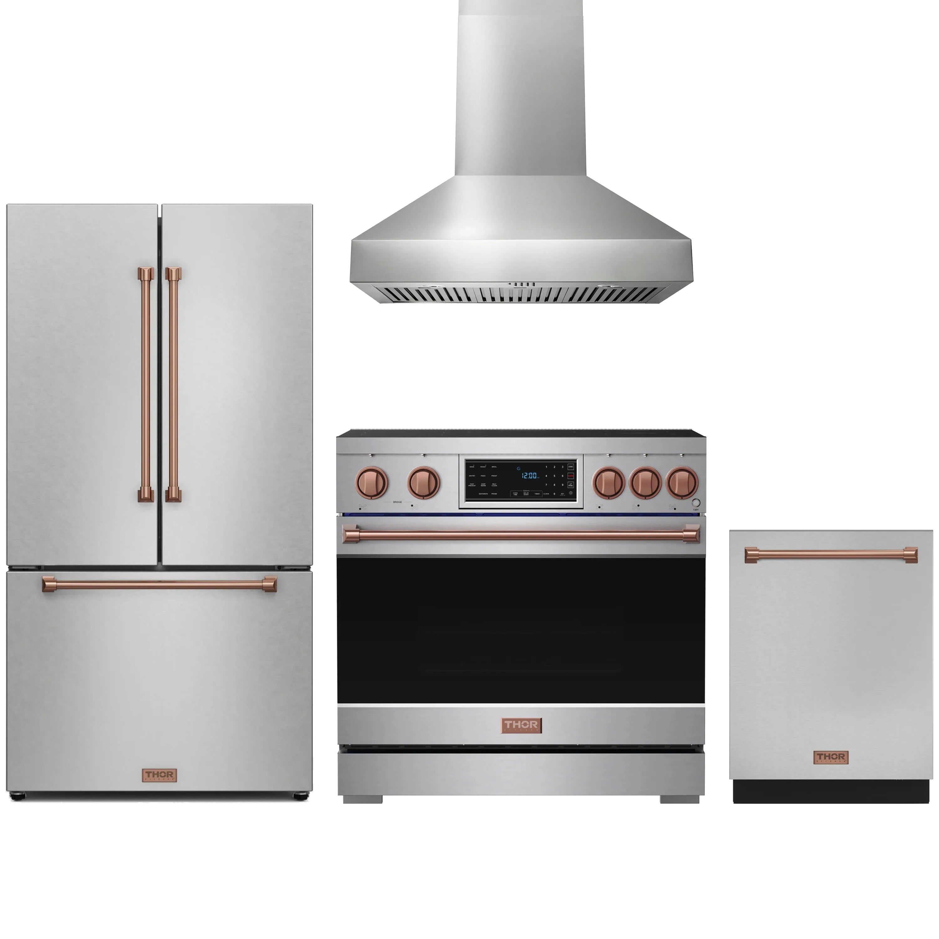 Stainless steel 4-piece appliance package with rose gold trim, front view of range and fridge
