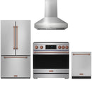Stainless steel Thor Kitchen appliance package with 36-inch range, range hood, counter-depth refrigerator, dishwasher