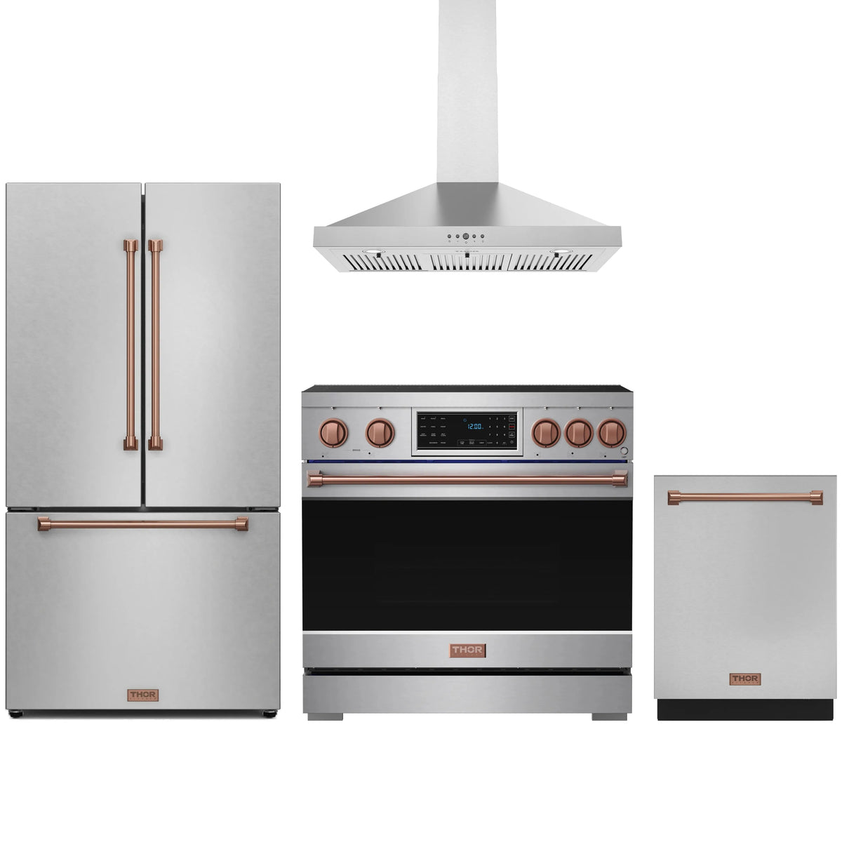 Stainless steel 4-piece appliance package with rose gold trim, front view of range and fridge