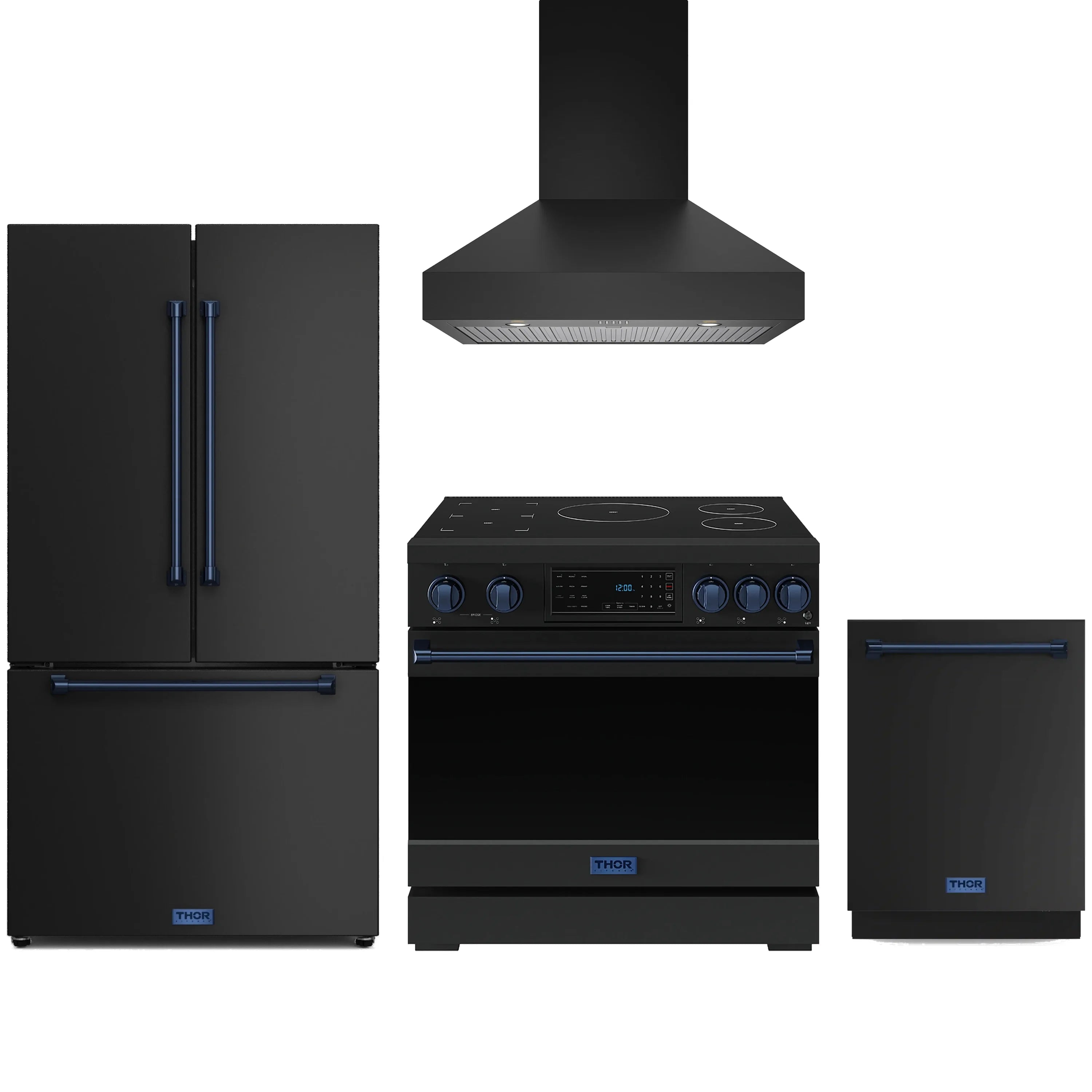 Black appliance package with induction range, counter-depth refrigerator, dishwasher, and wall hood