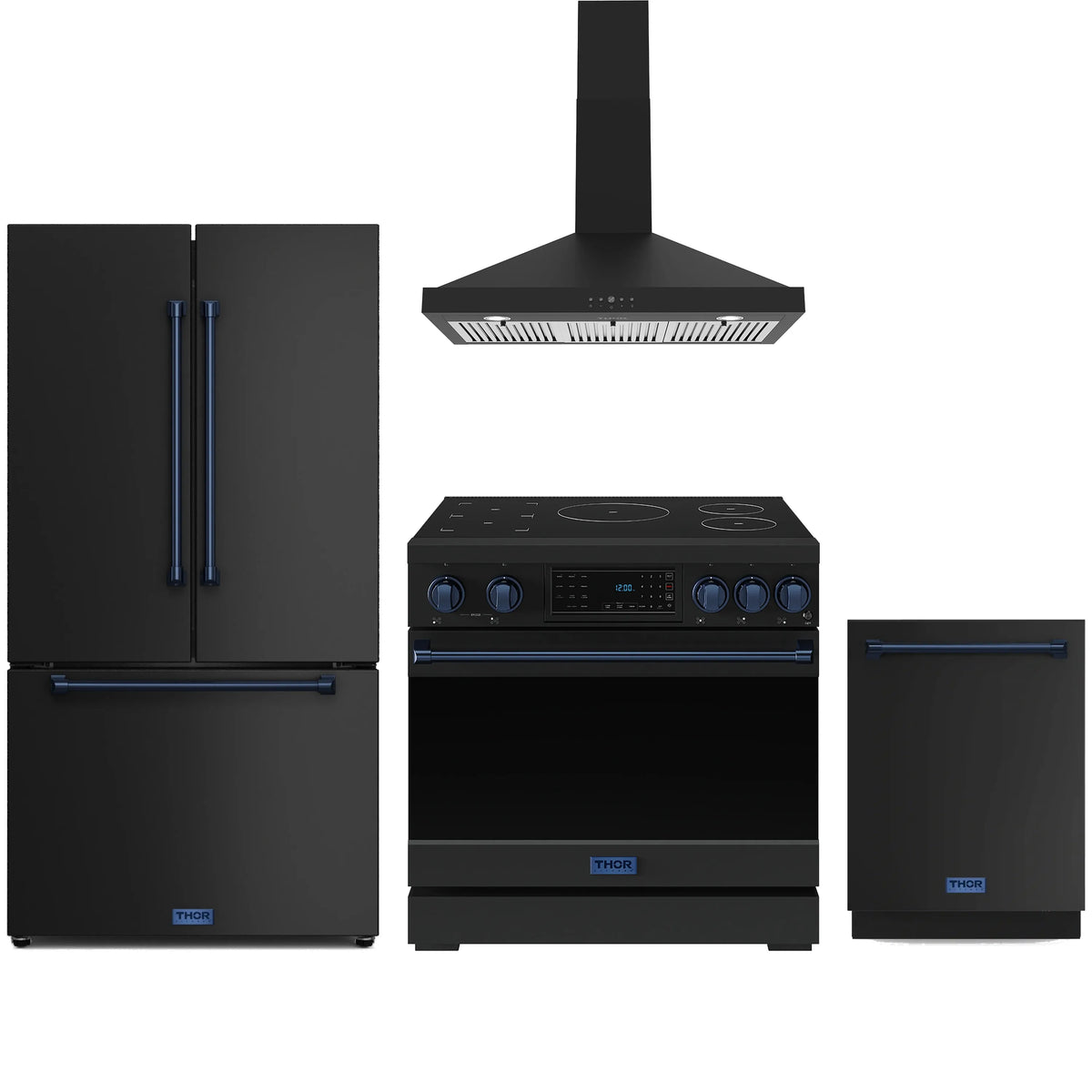 Black appliance package with induction range, counter-depth refrigerator, dishwasher, and wall hood