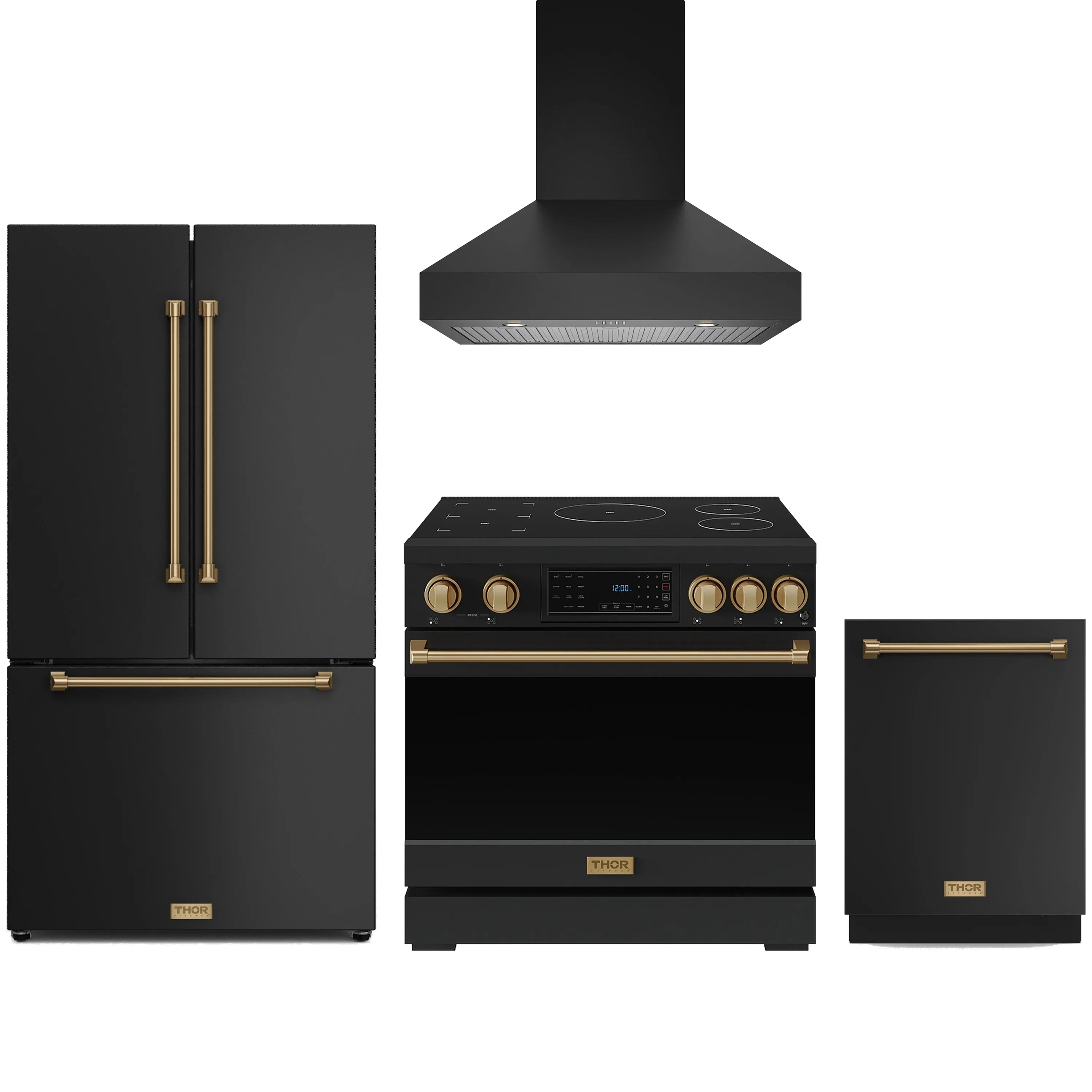 Black appliance package with induction range, refrigerator, wall hood, and dishwasher