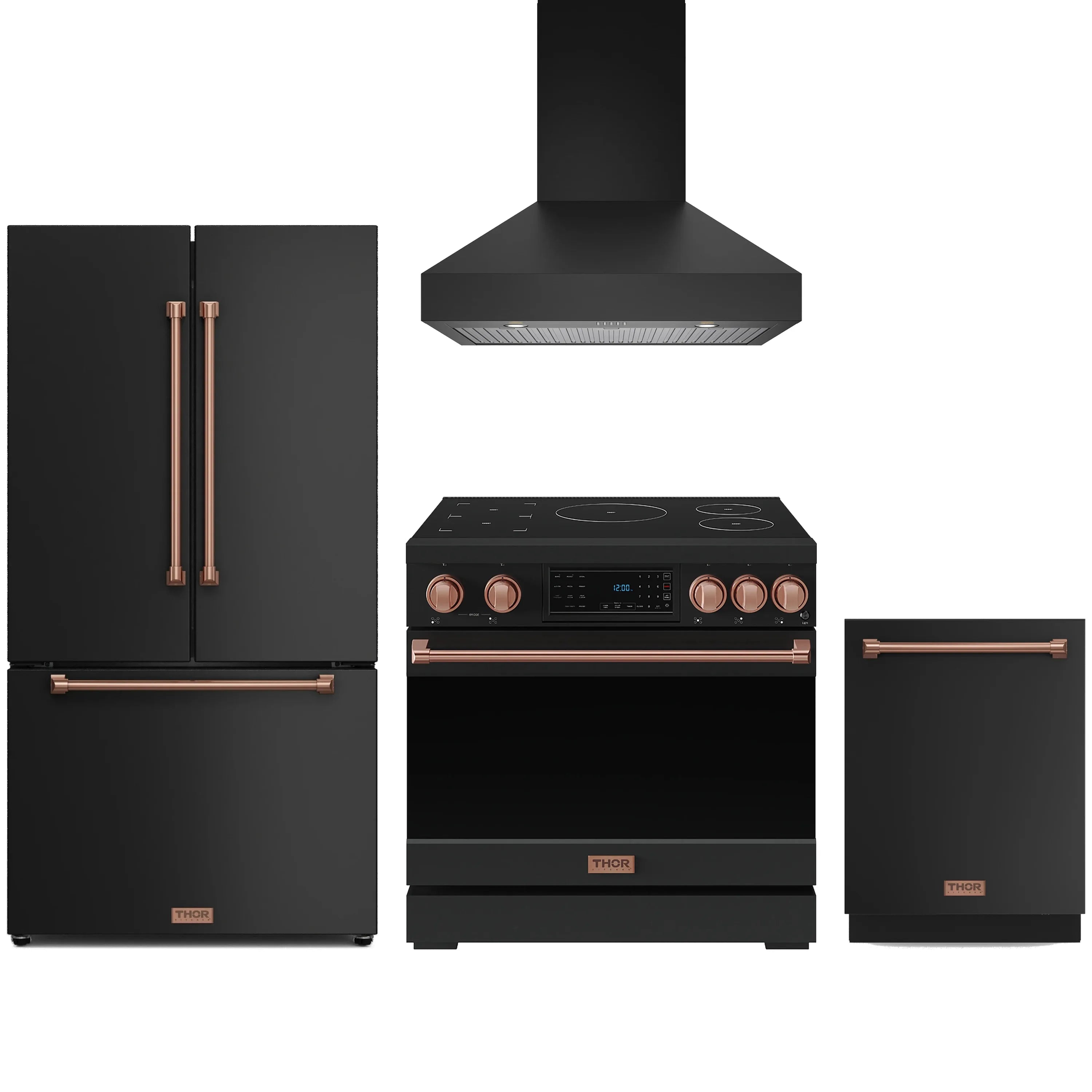 Black 4-piece appliance package with rose gold trim: range, refrigerator, hood, dishwasher