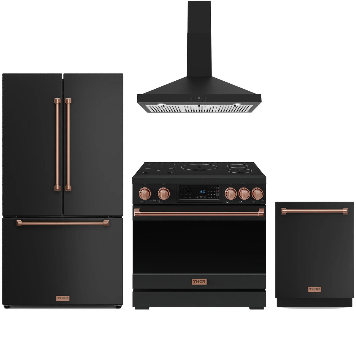 Black 4-piece appliance package with rose gold trim: range, refrigerator, hood, dishwasher