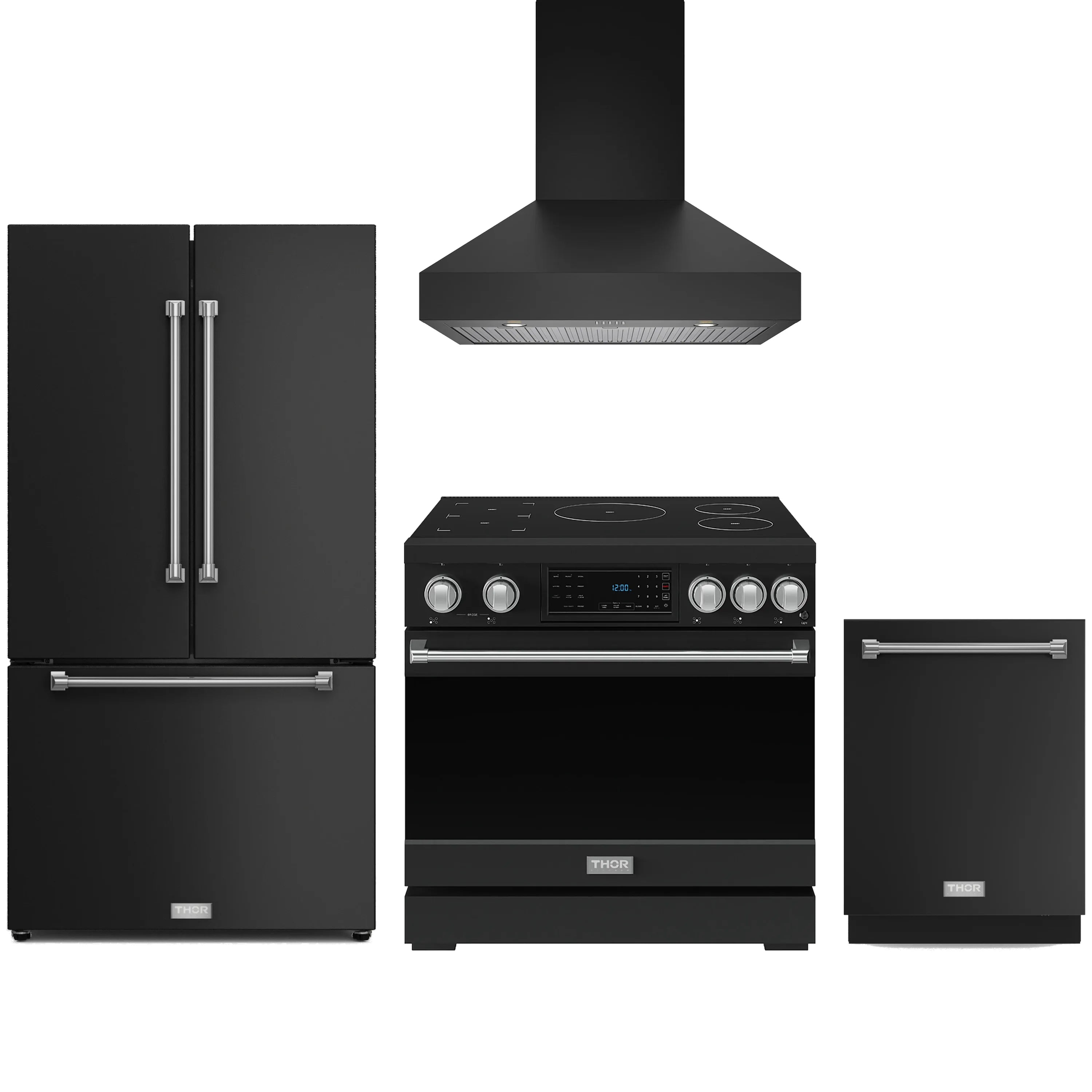Black 4-piece appliance package with stainless trim: range, refrigerator, dishwasher, and hood