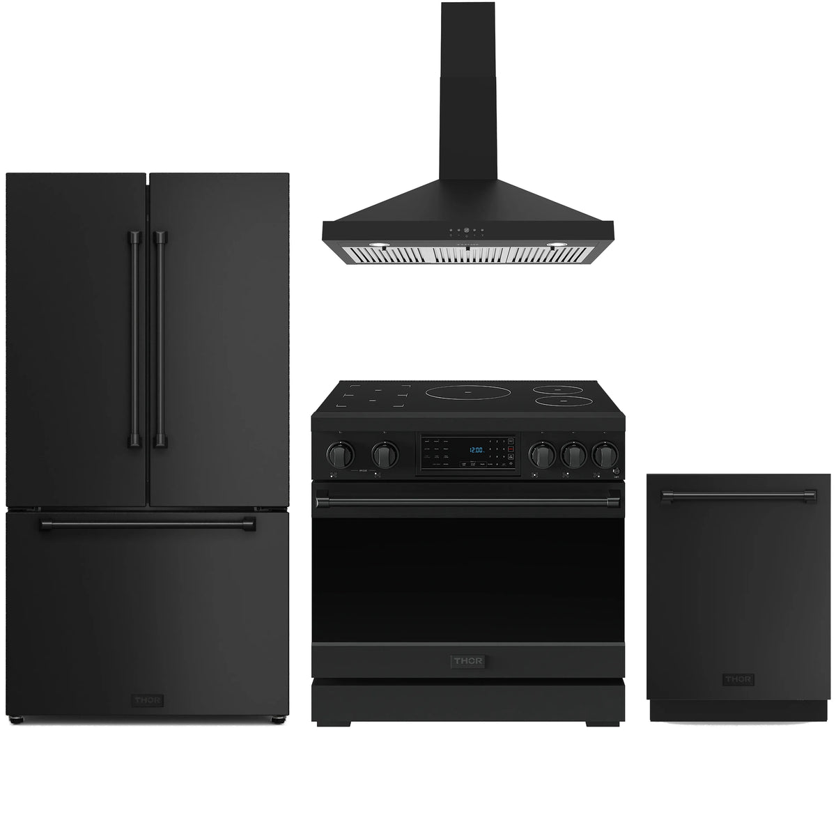 Black induction range set with counter-depth refrigerator, wall hood, and dishwasher