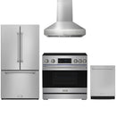 Stainless steel Thor Kitchen appliance package with 36-inch range, range hood, counter-depth refrigerator, dishwasher