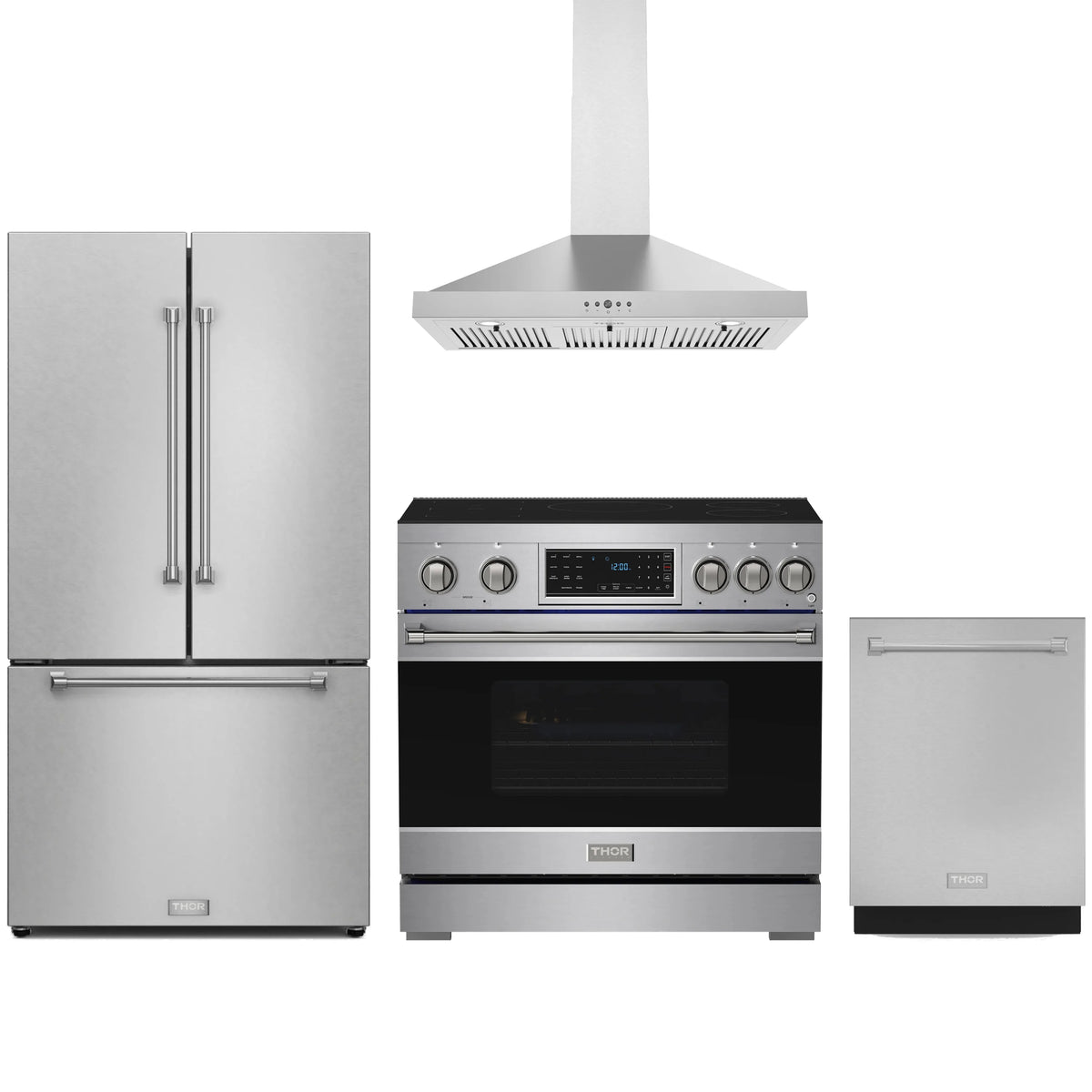 Stainless steel 4-piece appliance package with refrigerator, induction range, hood, dishwasher